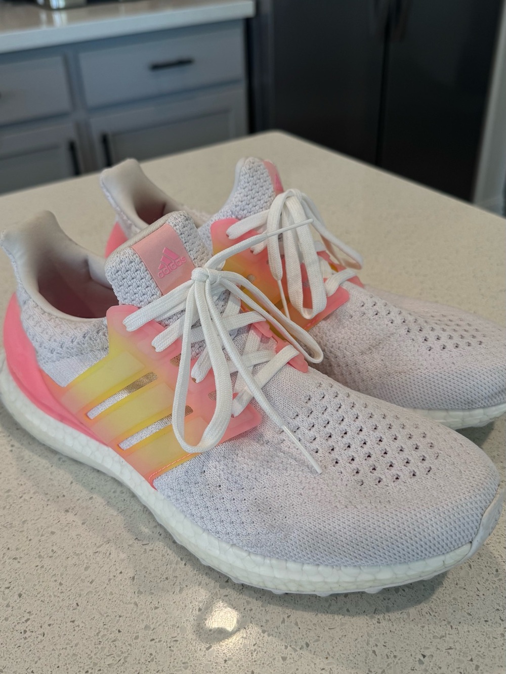 adidas Women's White Ultraboost Sneakers with Pink and Yellow Gradient Cage